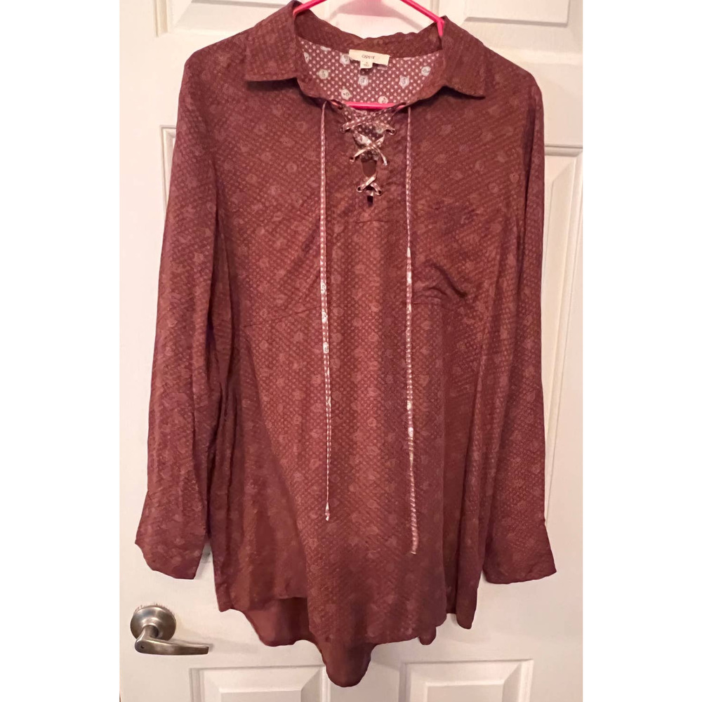 Oddy Brown Long‎ Sleeve Blouse Lace Up Front Pockets Size S 27" Long Front x 19"